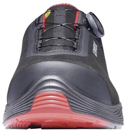 Black safety shoe with red sole, reinforced toe cap, and side closure system. Designed for workplace protection.