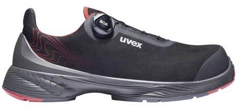 Black safety shoe with red accent, Boa closure system and uvex logo on the side, reinforced sole and heel.