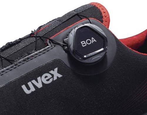 Black shoe by uvex with a red trim and a BOA rotary closure for adjusting the fit.