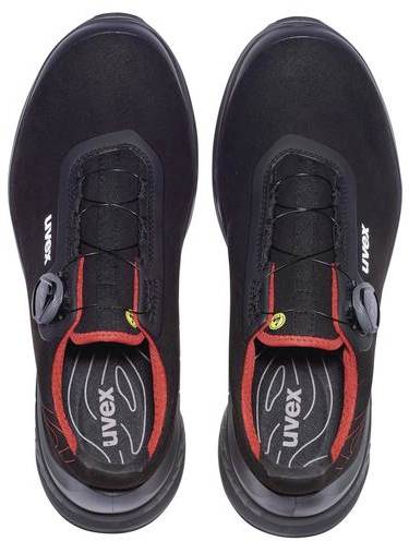 Two black sports trainers viewed from above, with red inner lining and roller lace system. The insole is stamped with 'uvex'.