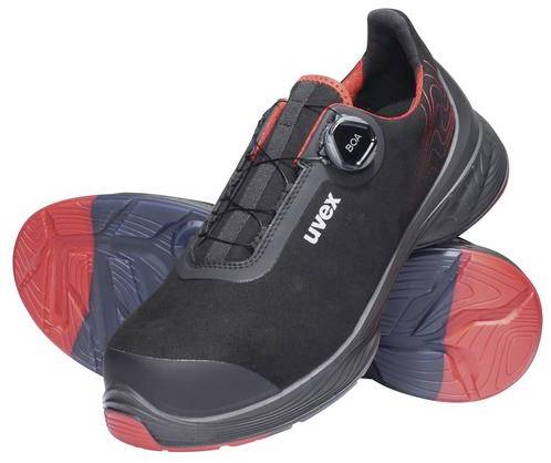 Black safety shoe with red sole and BOA closure system, 'uvex' brand logo on the side. Shoe designed for industrial applications.