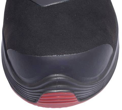 Black shoe with red sole and slightly rounded toe. Robust, with subtle texture on the front.