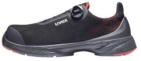 The shoe is a black work shoe with a red inner lining and a twist fastener on the side, brand 'Uvex', suitable for protection and comfort.