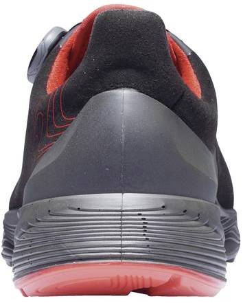 Black sports trainer viewed from behind with red interior and grippy sole.