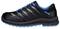 Black safety shoe with blue accents, robust design, and side logo. Ideal for secure working environments.