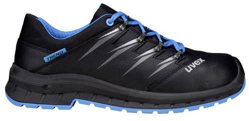 Black safety shoe with blue sole and blue laces, side view. Brand name 'uvex' visible on the side.