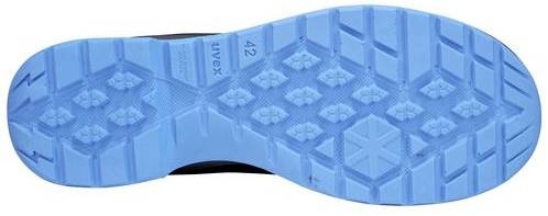 The blue sole of a shoe with non-slip tread. On the sole is written 'Uvex 42'.