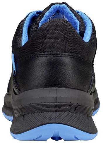 Black sports shoe with blue inner lining and blue sole, viewed from behind.