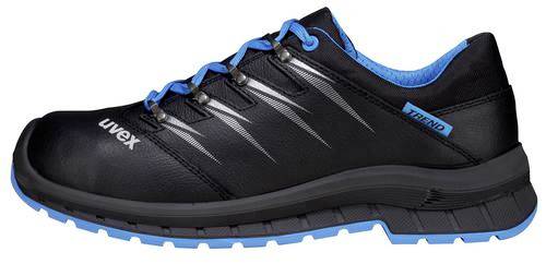 Black safety shoe with blue details, black sole and blue laces, side view.