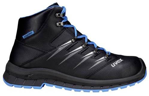 Black safety shoe with blue laces and an outer sole. Side view of the shoe with the brand name 'uvex' on the front.