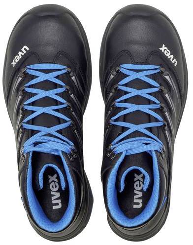 Black safety shoes with blue laces and 'UVEX' logo. Top view reveals robust design for workplace protection.