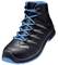 Black safety shoe with blue laces, high ankle protection and 'uvex' logo, suitable for work environments.