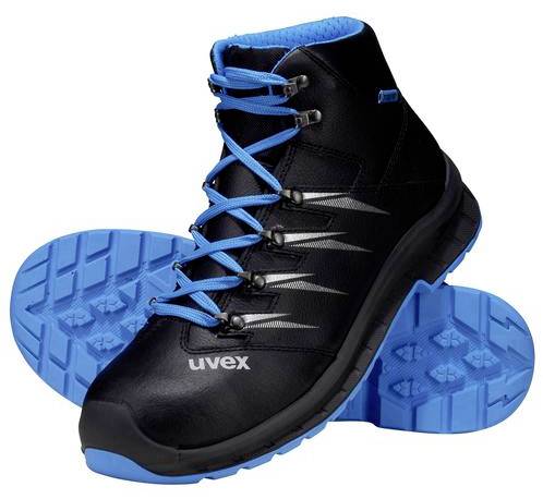 Black safety shoe with blue sole and laces, brand 'uvex'. Robust design, suitable for industrial use.