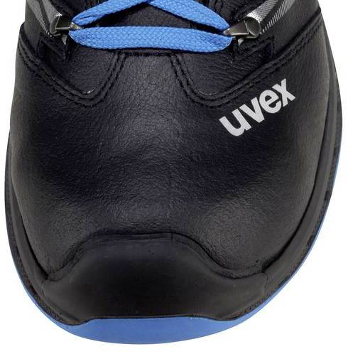 Black safety shoe with blue laces and blue sole, 'uvex' brand name on the side.