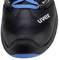 Black safety shoe with blue laces and blue sole, 'uvex' brand name on the side.