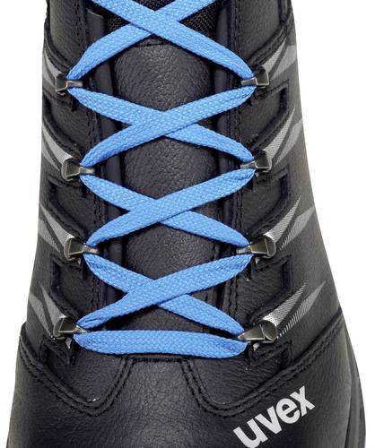Black shoe with blue laces and 'uvex' logo.