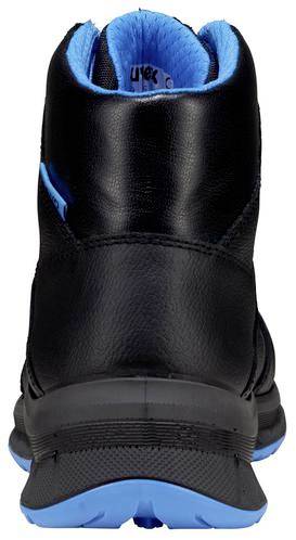 A black boot with a blue sole, viewed from behind. The inner lining is also blue. The boot has a robust and weatherproof appearance.