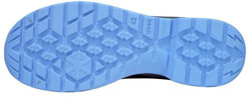 Shoes with a blue non-slip sole, size 42, featuring a distinctive tread pattern for enhanced grip on smooth surfaces.