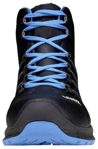 Black-blue hiking boot with blue laces, front view. The shoe has a robust sole and is suitable for outdoor activities.