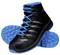 Black work safety shoes by Uvex with blue laces and blue sole, suitable for industrial safety requirements.