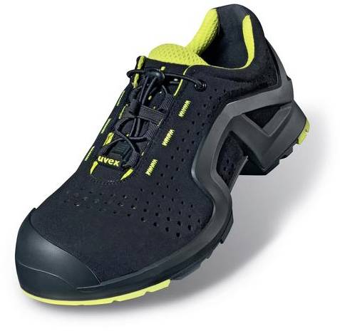 A black safety shoe with green inner lining and perforations; reinforced toe cap and robust sole for protection.