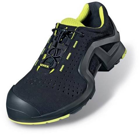 A black sports trainer with yellow details and mesh inserts, suitable for outdoor activities.