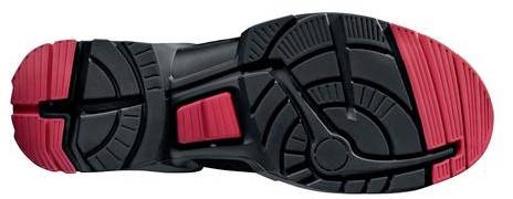Black shoe sole with red accents, showing a complex profile for enhanced grip and stability when walking or running.