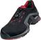 Black and red sports shoe with a modern design and perforated upper material, suitable for sporting activities.