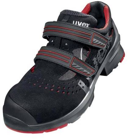 Black safety shoe with red accents and hook-and-loop fastenings, suitable for industrial environments.