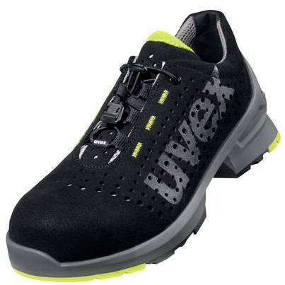 Black safety shoe with yellow accents, breathable material and UVEX logo on the side; suitable for industrial work.