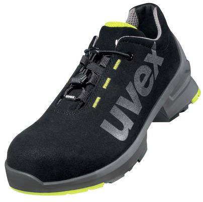Black safety shoe with grey sole and prominent 'uvex' brand logo on the side. Suitable for occupational safety.