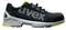 Black work shoe by Uvex with yellow accents and grey sole, side view. Suitable for industrial applications.