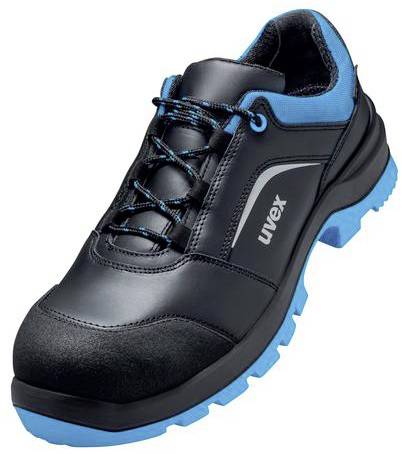Black safety shoe with blue accents and non-slip sole. Brand name 'uvex' visible on the side.