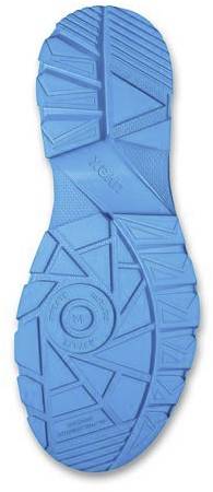 A blue shoe sole with a geometric tread pattern comprising various shapes to enhance traction.