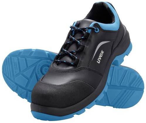 Black safety shoes with blue soles and laces, marked with 'Uvex', on a white background.