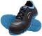 Black safety shoes with blue soles and laces, marked with 'Uvex', on a white background.