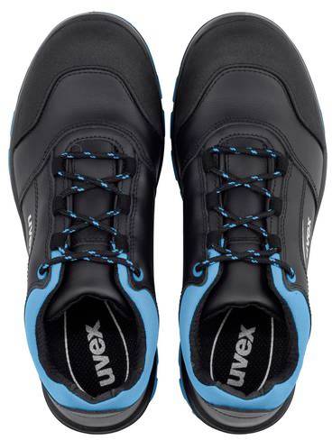 A pair of black safety shoes with blue laces and blue accent, with the brand name 'Uvex' visible inside.