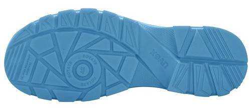 Blue shoe sole profile with geometric patterns, designed for better grip and stability.