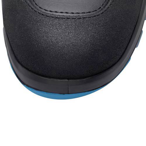 A black shoe with a blue sole and visible stitching, viewed from above.