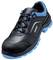 A black safety shoe with blue details and a non-slip sole, suitable for work environments with high protection requirements.