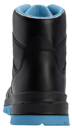 A black boot with a blue sole and blue inner lining, viewed from behind.