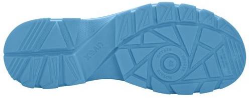 Blue shoe sole with geometric tread pattern for high slip resistance.