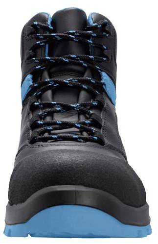 Black work shoe with blue accents and laces, non-slip sole. Front view.
