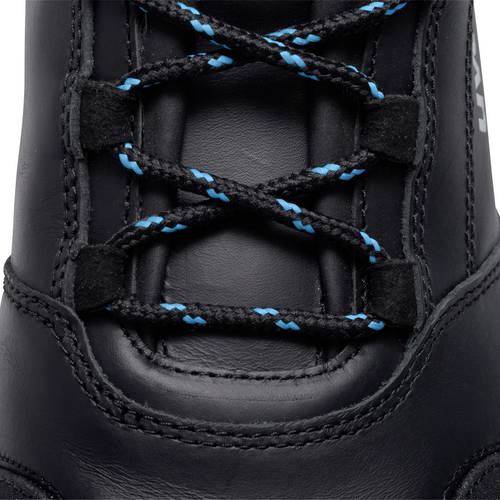 Black leather shoe with blue and black laces, close-up of the lacing area.