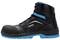 Black safety shoe with blue accents and steel toe cap, side view, brand 'uvex'.