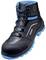 Black, high safety shoe with blue details and lace-up fastenings, 'uvex' brand, designed for industrial use.