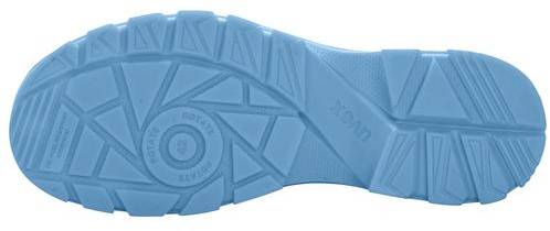 Blue sole view of a shoe, showing non-slip tread with geometric patterns and a circular marking in the centre.