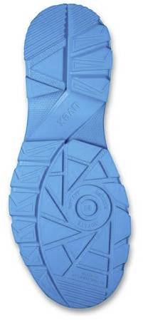 Blue shoe sole with non-slip tread and geometric pattern. Marked points highlight special traction elements.