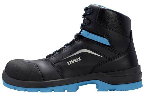 Black work shoe with blue sole and lace-up fastening, side-labelled with 'uvex', suitable for protection on construction sites.
