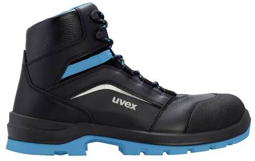 Black work shoe with blue sole and lacing, brand 'uvex'. Ideal for workplace safety.